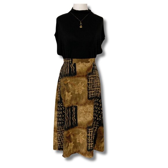 TRADITION Brown black lines and floral print a-line skirt ~ Vintage XS small - Picture 3 of 12